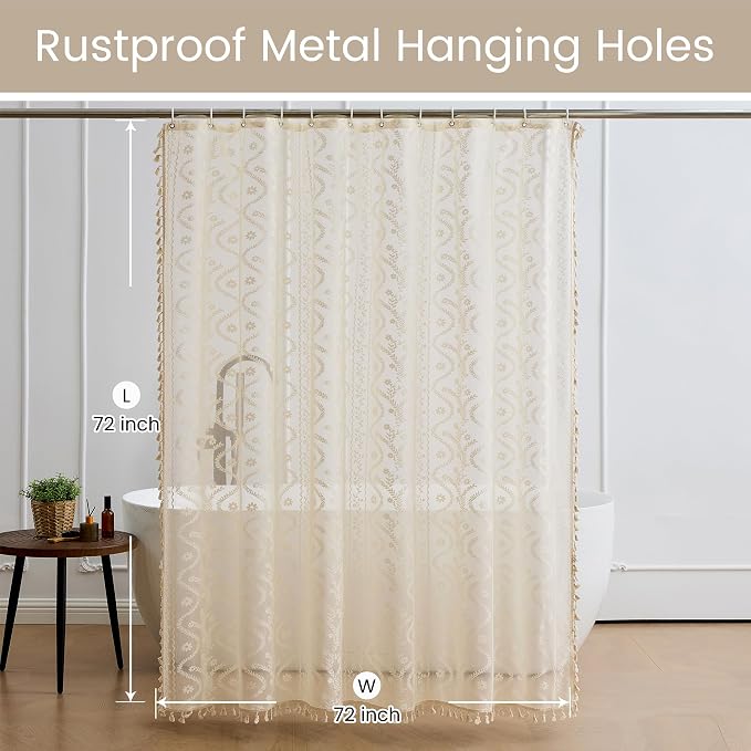 WAZZIO Vintage Lace Shower Curtain for Bathroom 72" W x 72" L, Victorian Farmhouse Floral Pattern Tassel Fancy Shower Curtain Boho Washable Cloth Decorative Bath Curtains,1 Panel