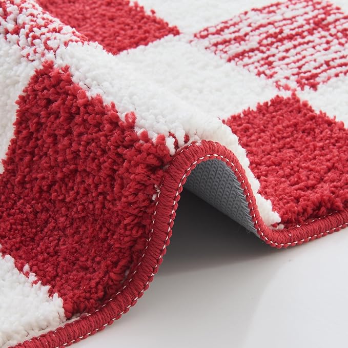 CozeCube Christmas Red Checkered Bath Mat 36"x24" Non Slip Washable Rug | For Bathroom Non Slip, Fluffy Absorbent Microfiber Bath Mats Machine Wash, Stylish Long Aesthetic Bathroom Rugs