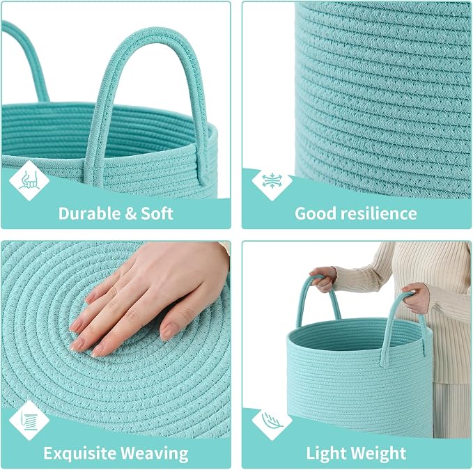 Laundry Basket Hamper Tall Rope Storage Woven for Blanket toys Dirty Clothes in Living Room Bathroom Bedroom (Cyan, 80L/21.3Gal)
