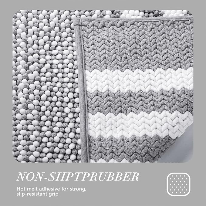 Light Grey Bathroom Rugs Set 2 Piece, Extra Soft Absorbent Fluffy Striped Chenille Bathroom Floor Mat, Non Slip Quick Dry Washable Bath Rugs for Shower, 24" x 36" Plus 16" x 24"