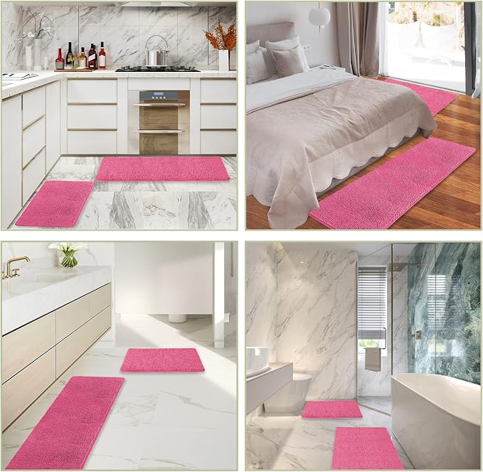 Hot Pink Bathroom Rugs Sets 2 Piece – Absorbent and Washable Bath Mat, Non-Slip, Thick Soft Chenille Bath Rugs for Bathroom Floor, Shower, Sink - 17" x 24"+20" x 32"