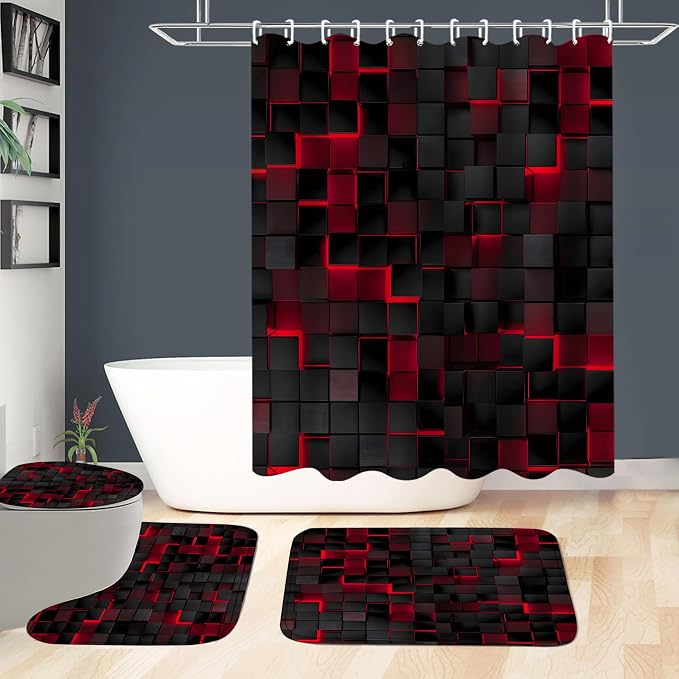 LQCOOL 4Pcs Shower Curtain Set with Rugs, Modern Bathroom Set Black Red | Waterproof Polyester & Soft Flannel.12 Hooks,Toilet Lid Cover & U-Shaped Mat for Modern Bathrooms/Families