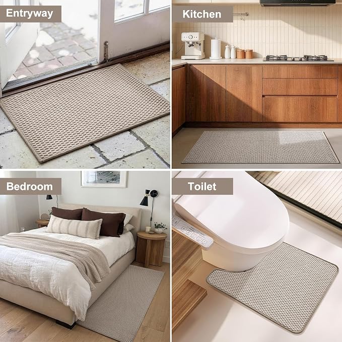 Triohero Bathroom Rugs Non Slip Washable, Super Absorbent Thin Bath Mat Quick Dry Low Pile Bathroom Rug, Beige 24"x36"