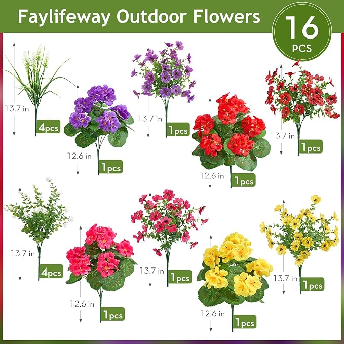 16 Bundles UV Resistant Silk Artificial Outdoor Flowers for Window Box | Mixed Color Realistic Anti-Fade Faux Flowers for Outside Planters,Garden,Porch,Patio,Yard,Home Decor(Purple&Hot Pink)