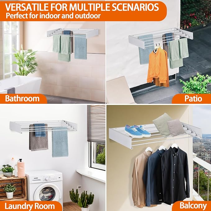 Laundry Drying Rack Wall Mounted Clothes Drying Rack White,23.6" | Collapsible Drying Rack With 4 Aluminum Rods and Drilling Template Long Screwdriver Bit 60 lbs Capacity