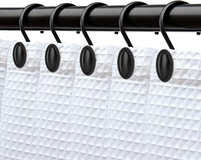 Black Shower Curtain Hooks,12Pcs Heavy Duty Rustproof Zinc | Rust Proof, Heavy Duty, Modern Decorative, Smooth Gliding, Easy to Install, For Shower Curtain and Liner