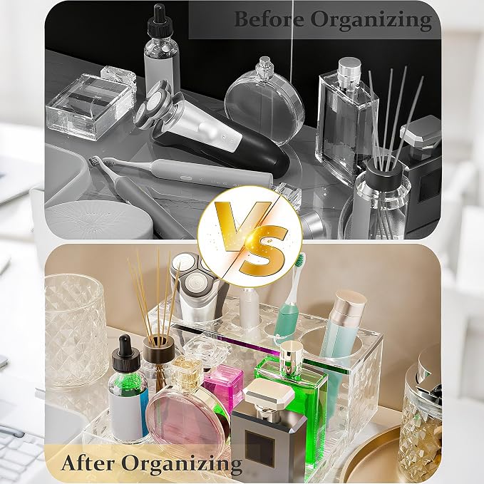 Glass Bathroom Accessories Set 5Pcs Crystal Clear- Foaming Soap Dispenser, Soap Dish, Cup, Acrylic Toothbrush Holder with Tray Organizer, Cotton Swab Jar, Bathroom Counter Set Sink Decor