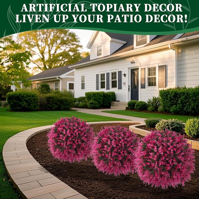 2Pcs Artificial Pink Eucalyptus Topiary Ball Trees,Fake Bushes | Fake Evergreen Plants with Ground Spike,UV Resistant, No Maintenance,Faux boxwood for Outdoor Indoor Front Porch Garden Decor
