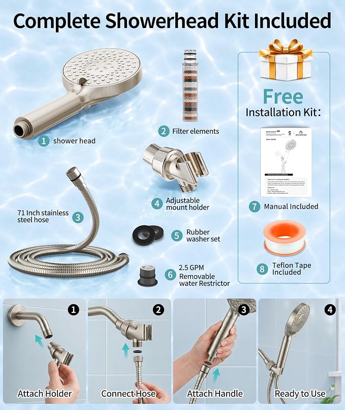 SR SUN RISE Filtered Shower Head with Handheld High Pressure 9 Spray Mode Showerhead Detachable Shower Head Water Softener Filters Beads for Hard Water Remove Chlorine 1 Filter Brushed Nickel
