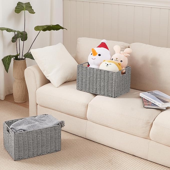 Wicker Storage Basket, Set of 2 Hand-Woven Paper Rope Wicker Basket, Small Storage Baskets for Organizing Toilet Paper Basket, Foldable Large Cube Storage Organizer Bins for Shelves (Grey)