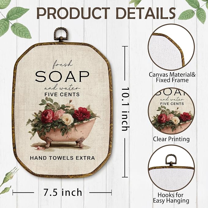 Yjeslw Vintage Rose Floral Bathroom Octagon Wall Art Decor, Rustic Farmhouse Framed Canvas Prints, Cottagecore Neutral Flower Bathtub Wall Hanging Decorations for Bathroom Washroom Decor, 10.2x7 In