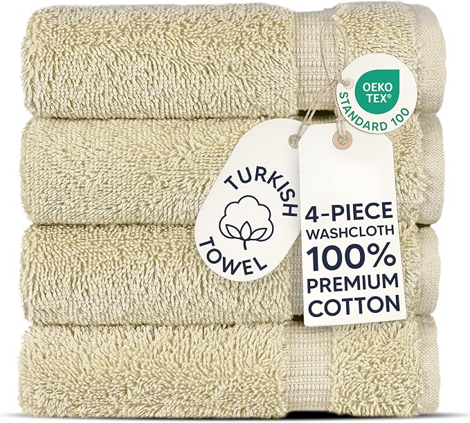 Chakir Turkish Linens 4 Piece Washcloth Set, 100% Cotton Luxury Turkish Washcloths for Bathroom, Soft Absorbent Washcloths, 13 x 13 Inches, Cream