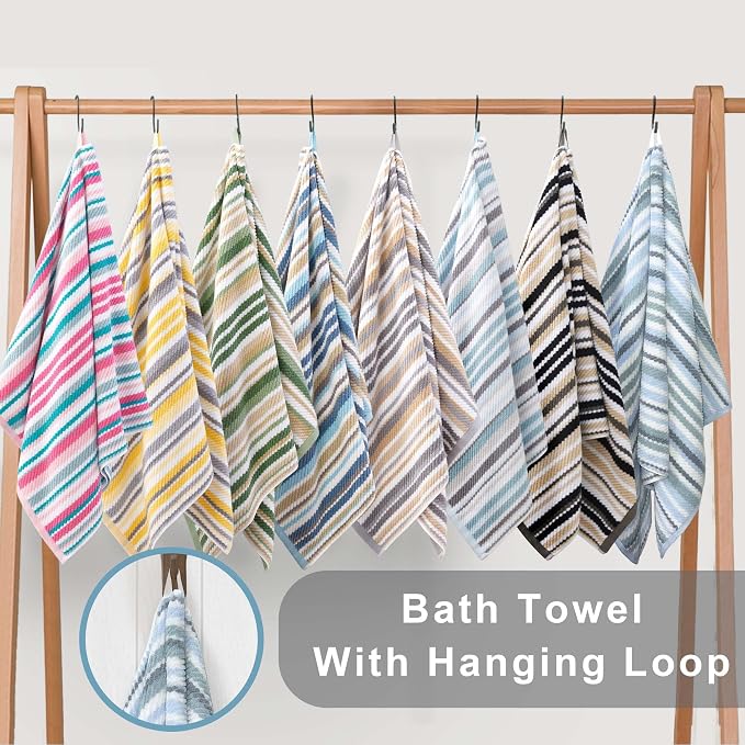 VOOVA & MOVAS Striped Towels 6 Pack, 100% Cotton, Black | Complete Bathroom Matching, Available in 13x13, 16x27, 28x52 In, Quick Dry, Highly Absorbent, Bath Towels with Hanging Loops