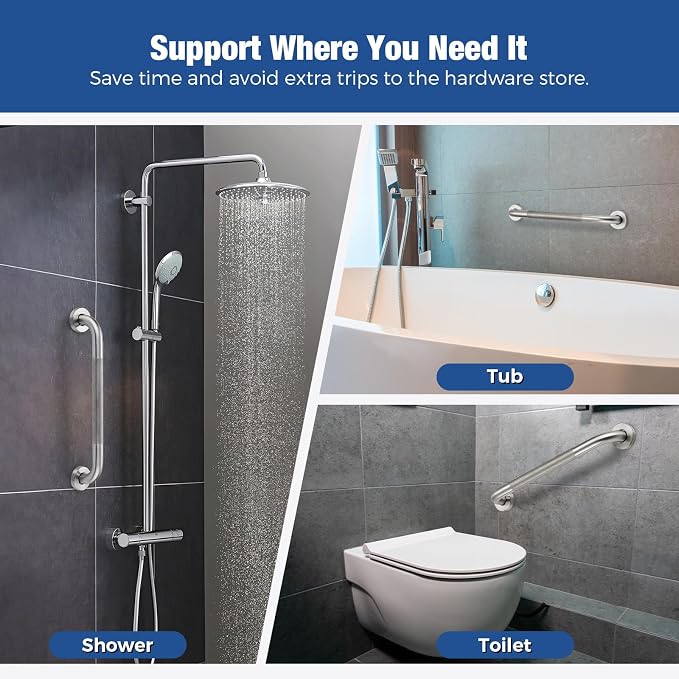 Grab Bars for Shower, 24 Inch Shower Handle, 2 Pack, Brushed Nickel | Grab Bars for Bathroom, Knurled Anti-Slip Grip, 23-Inch Hole Centers, 1-Inch Diameter, Wall-Mounted Support for Seniors