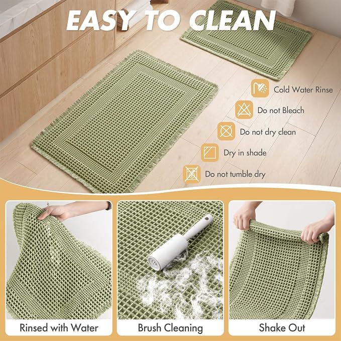 MIULEE Set of 2 Waffle Bathroom Rugs Sage Green Boho Bath Mat 18x30 in | Looped Design, Super Absorbent, Non Slip, Washable, Ultra Soft, Rubber Backed, Bathroom Mats for Floor Tub Shower