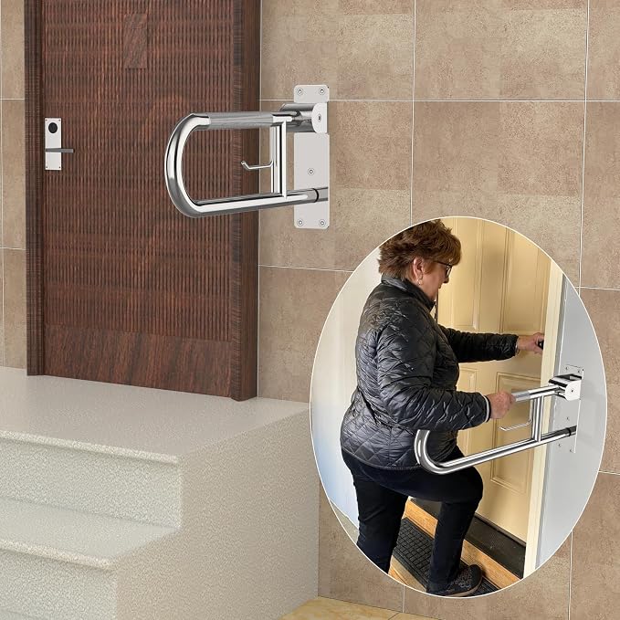 ZUEXT 24 Inch Chrome Flip-Up Knurled Toilet Grab Bar w/Toilet Paper Holder | Anti-Slip Folding Bathroom Safety Handrail, Stainless Steel Handicap Support Rail, for Elderly Seniors Disabled Pregnant