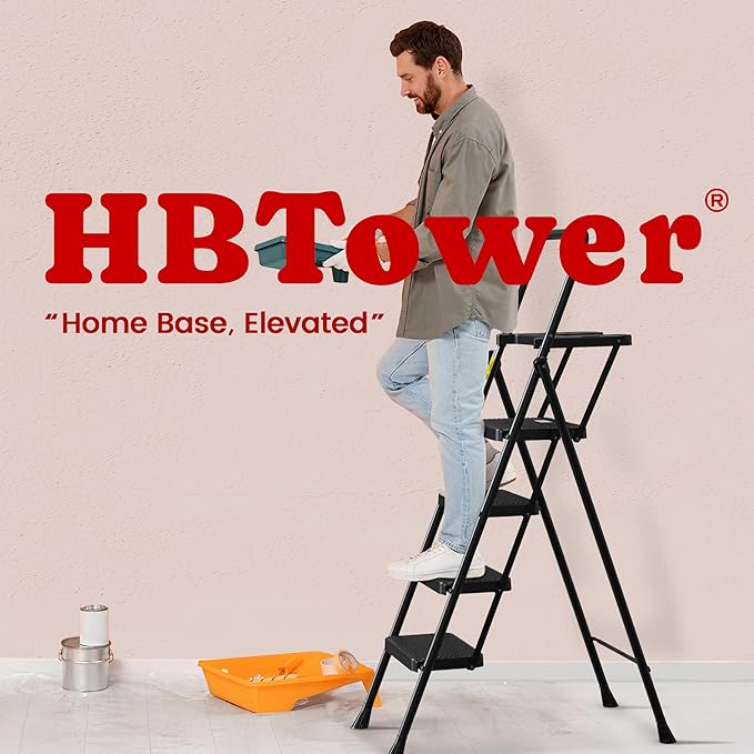 HBTower Step Ladder, Folding Step Stool with Wide Anti-Slip Pedal | Sturdy Steel Ladder, Convenient Handrail, Lightweight, Portable Steel Step Stool