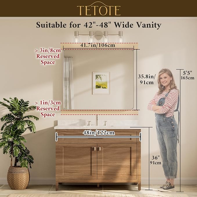 Brushed Nickel Bathroom Mirror 42 x 36 Inch for Vanity Metal Framed Mirror Modern Farmhouse for Living Room Entryway(Horizontal/Vertical)