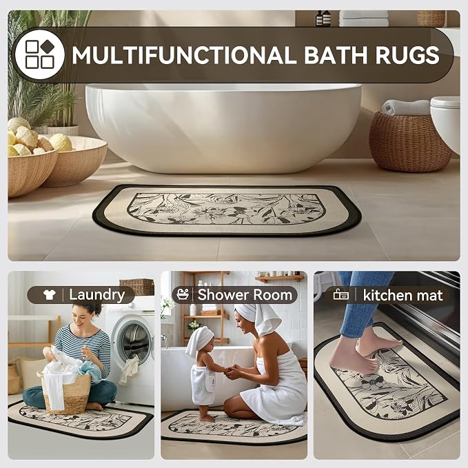 Half Circle Bath Mat, Thin Bathroom Rugs Fit Under Door, Black 20x31 | Non Slip, Quick Dry Absorbent, Rubber Backing Washable, Semi Circle Bathmat for Bathroom Floor, Tub and Shower, Home Decor