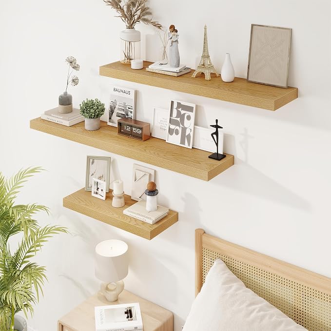 Marsmiles 9.25in Depth 36in Floating Shelves, 36x9.25x1.4, Oak, Set of 2 | Wall Mounted Engineered Wood Shelves, Invisible Brackets for Living Room, Bedroom, Bathroom, Kitchen Decor and Storage