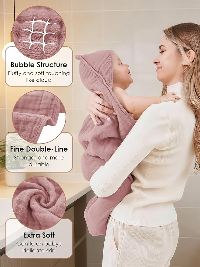 Muslin Hooded Baby Bath Towels - 3 Pack 100% Cotton Ultra-Soft Towels for Newborns, Infants, Toddlers - 32x32 Inch - Highly Absorbent, Quick-Dry Essentials for Bath Time, Beach, Pool, Neutral Series