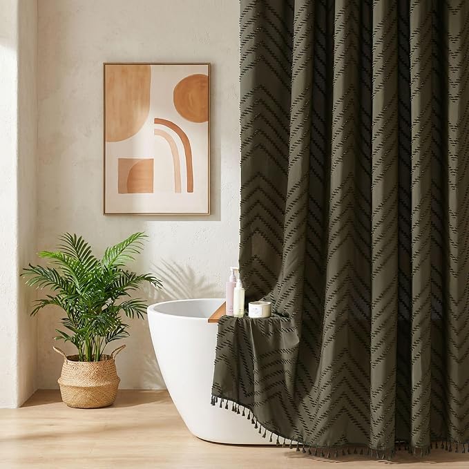Siiluminisoy Extra Long Olive Green Boho Shower Curtain with Tassel, Woven Fabric 84 in Shower Curtain, Tufted Chevron Striped, 72 x 84, Modern Chic Textured Minimalist Bathroom Shower