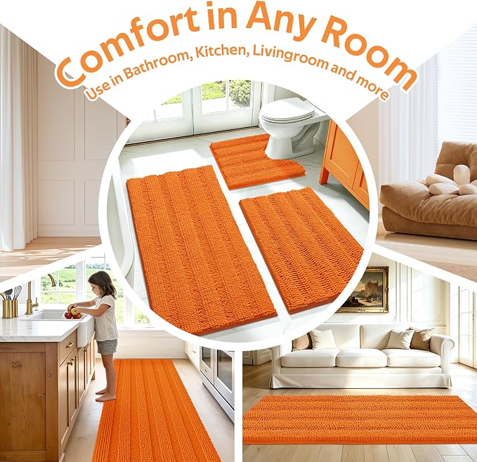 Striped Orange Bathroom Rug Set 3 Pieces Ultra Soft, Non Slip Chenille Toilet Mat, Absorbent Plush Shaggy Bath Mats for Bathroom, Bedroom, Kitchen