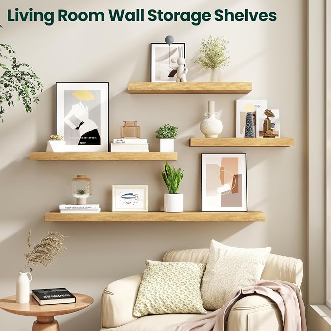 Floating Shelves for Wall, 24 Inch x 8 Inch Deep Wall Mounted Wood Shelf with Invisible Brackets for Storage & Display, Living Room Bedroom Kitchen, Oak, Set of 2