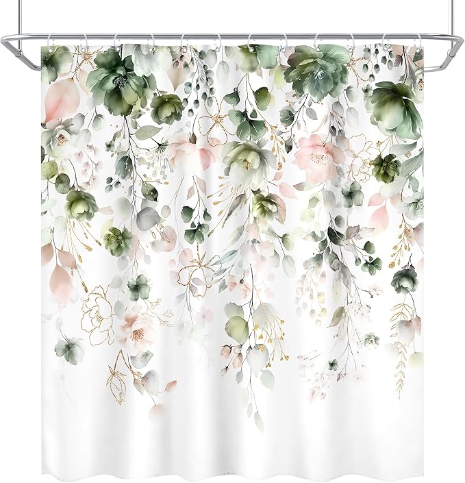 Green Pink Floral Spring Summer Rustic Bathroom Shower Curtain Set | 72"W x 72"L Flower Eucalyptus look, waterproof HD printed shower curtain, quick-dry fabric and free hooks.