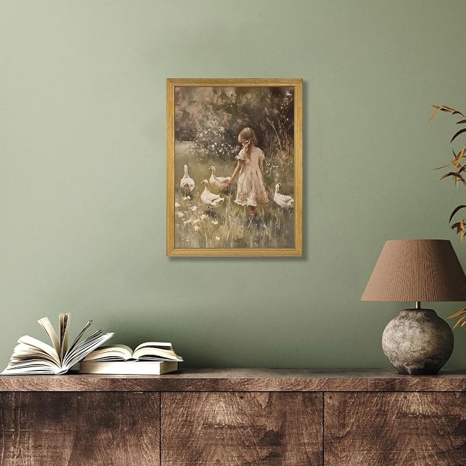 Wood Framed Canvas Wall Art, Vintage Girl with Ducks Painting Poster, Countryside Pastoral Landscape Print Picture, Rustic Farmhouse Wall Decor for Living Room Bedroom Nursery 12x16 inch