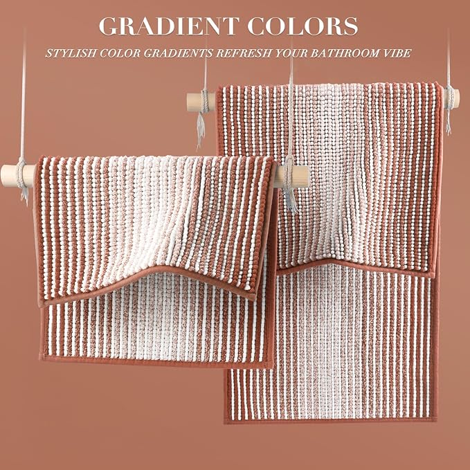 Bathroom Rugs and Mats Sets, 2 Piece Thick Absorbent Chenille Bath Mat Rug Set Non Slip, Soft Bath Room Floor Mats for Bathroom, Machine Washable (20" x 47" Plus 16" x 24",Caramel Brown)