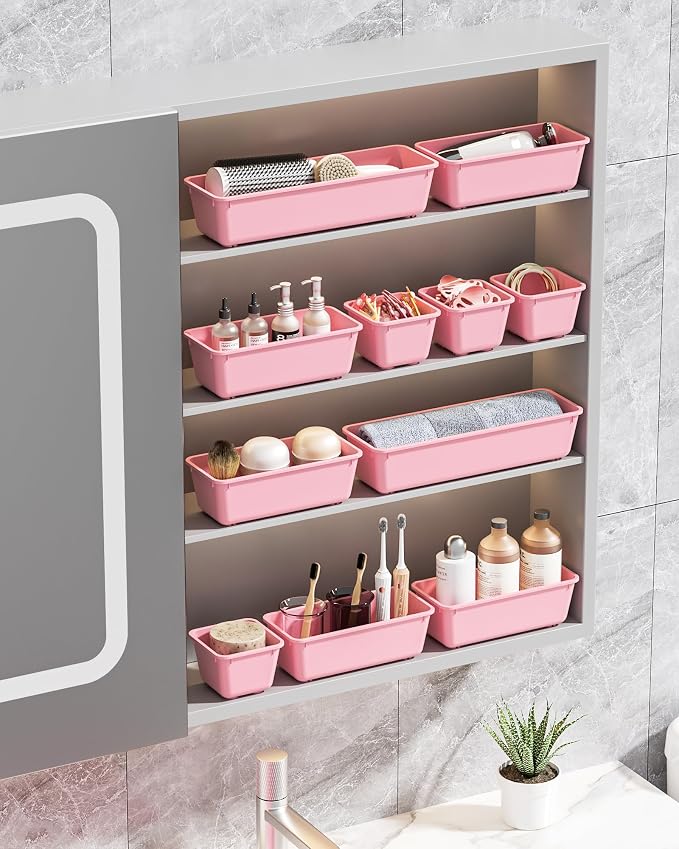 Canfanni 13 Pack Plastic Drawer Organizers Set, 3 Sizes Desk Drawer Organizer Trays for Vanity and Makeup Organizer, Organization and Storage for Makeup, Kitchen Utensils, Bathroom and Office(Pink)