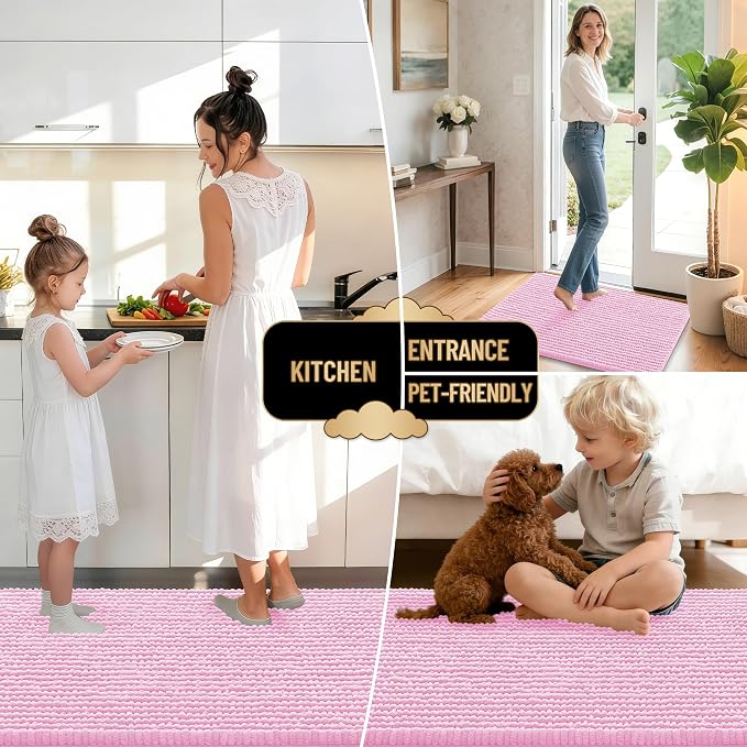 OLANLY Thick Chenille Small Bathroom Rugs 24x16, Absorbent Bath Mat, Pink | Soft Bath Rugs, Rubber Backing, Machine Wash Dry, Bath Mats for Bathroom, Tub and Shower, Home Decor Accessories