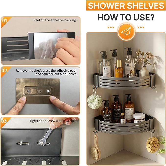 Gun Grey Adhesive Corner Shower Caddy 2-Pack, Triangular Shelves | No-drill adhesive triangular shelves for smooth tile, glass and stainless steel shower walls, with hooks for bathroom storage