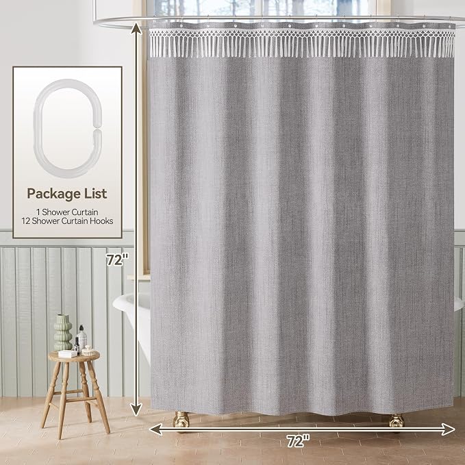 AmazerBath Boho Shower Curtains for Bathroom, Farmhouse Shower Curtain Gray with Top Tassels, Light Grey Shower Curtain with 12 Hooks, Faux Linen Fabric Hotel Quality, 72x72 Inches