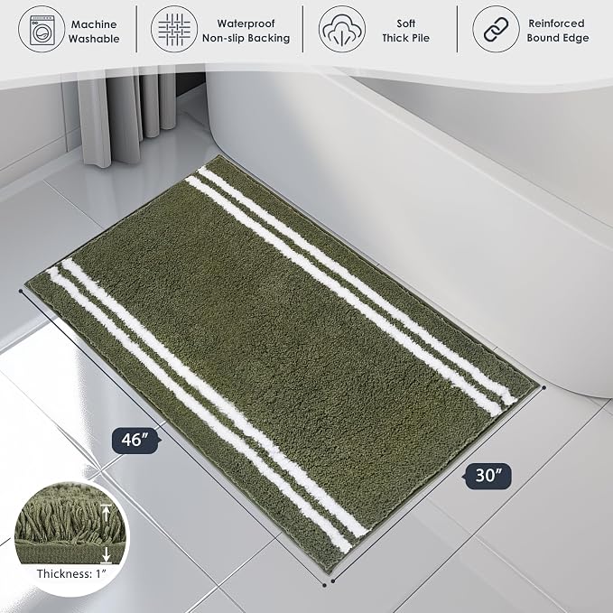 PURRUGS Bathroom Rug, Bath Mat, 30" x 46", Olive Green | Machine Washable, Non-Slip, Waterproof TPR Backing, Super Absorbent, Quick Dry, Bath Rug for Shower, Bathtub, and Sink