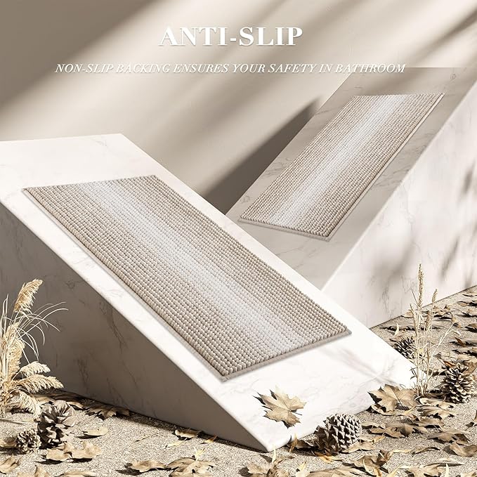 Bathroom Rugs and Mats Sets, 2 Piece Thick Absorbent Chenille Bath Mat Rug Set Non Slip, Soft Shaggy Bath Room Floor Mats for Bathroom, Machine Washable (Light Taupe, 20" x 60" Plus 20" x 32")