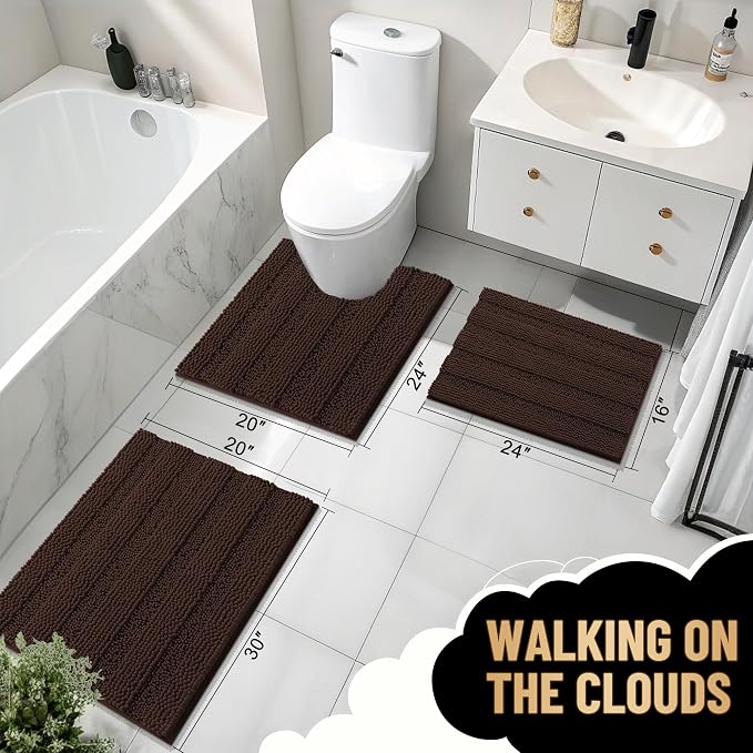 OLANLY Thick Bathroom Rugs 30x20, Soft Chenille Striped Bath Rugs, Brown | Rubber Backing, Machine Wash, Extra Absorbent Bath Mats for Bathroom Floor, Tub and Shower, Home Decor Accessories