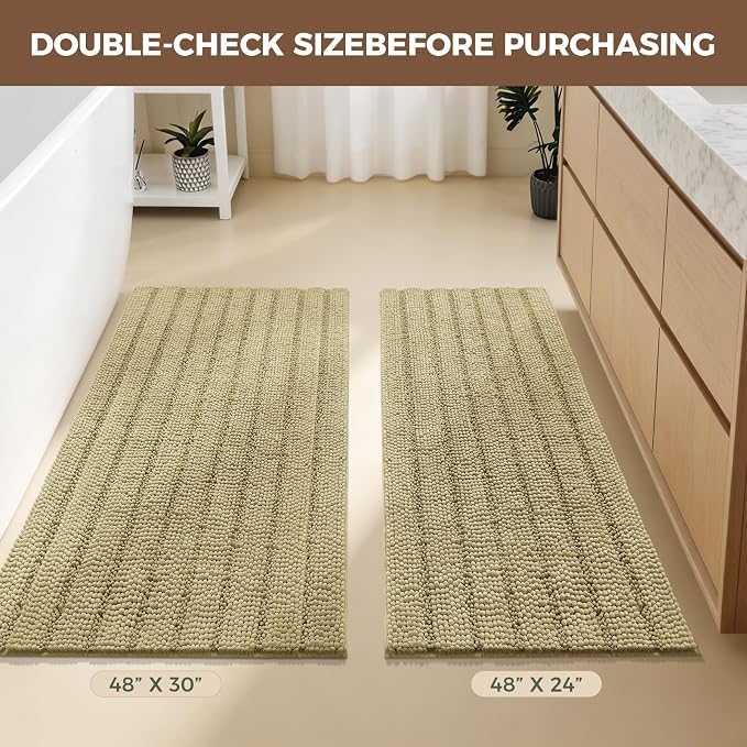 Bcoimo Bath Rug Mat,Beige Chenille High Absorbent Long Bathroom Runner Rugs | Non Slip with Rubber Back Bathroom Mat For Floor,Tub,Shower; Extra Soft mat; Quick Dry 48x30 Microfiber mat; Machine Washable