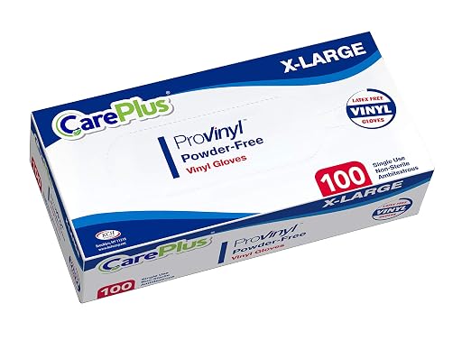 CARE PLUS Pro Vinyl Gloves Clear X-Large, Latex & Powder Free, 100 Count | Exam grade protection for food prep, hair coloring, salons & housekeeping; ambidextrous, tear resistant, comfortable fit