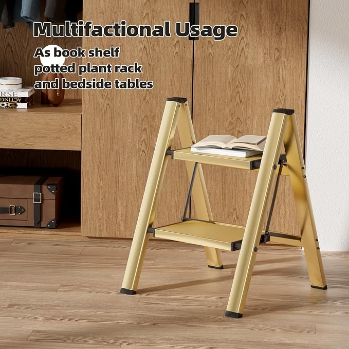 HillhutApex Aluminum Step Stool Foldable,2 Step Ladder (Gold) | Lightweight Portable step ladder with Anti-Slip Wide Pedal,330lbs Capacity Ladder for Household,Office,Kitchen