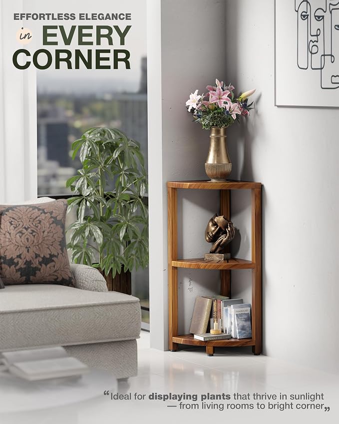 BLUEWEST 3-Tier Wooden Corner Shower Caddy Organizer with Anti-Slip Feet | Waterproof, Durable Bathroom Corner Shelf with a Space-Saving Design for Storage in Showers, Kitchens and Living Room Areas.