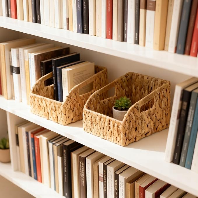 Wicker Baskets for Organizing, Pantry Baskets with Built-in Handles, Handwoven Wicker Storage Basket, Water Hyacinth Storage Bins for Shelves, Small - 2pcs, Natural