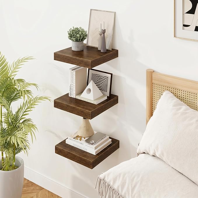 Marsmiles 8in Depth Floating Shelves, 8x8x1.4, Walnut, Set of 3 | Small Wall Mounted Square Shelves, Engineered Wood, Invisible Brackets, Living Room, Bedroom, Bathroom, Kitchen Decor
