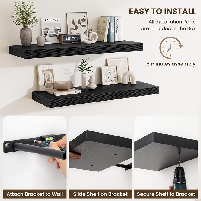 Fun Memories 72 Inch Fireplace Mantel Shelf, 12 Inch Deep Shelves for Display & Wall Storage, Rustic Wood Wall Shelf, Extra Long Floating Shelves for Living Room Laundry Room, Black, Set of 2
