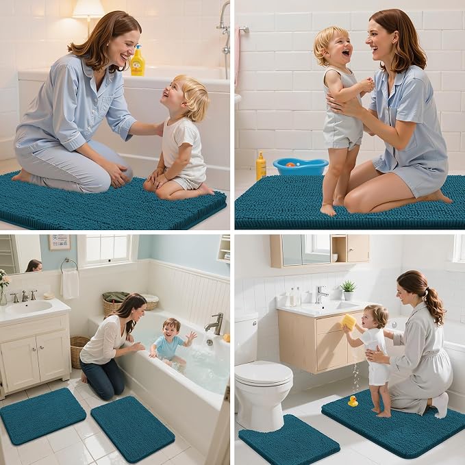 Arotive Bathroom Rugs 24x16, Soft Absorbent Shaggy Chenille Bath Rugs | Peacock Blue, Machine Washable Rubber Backing Bath Mats for Bathroom Floor Tub and Shower Home Decor Accessories