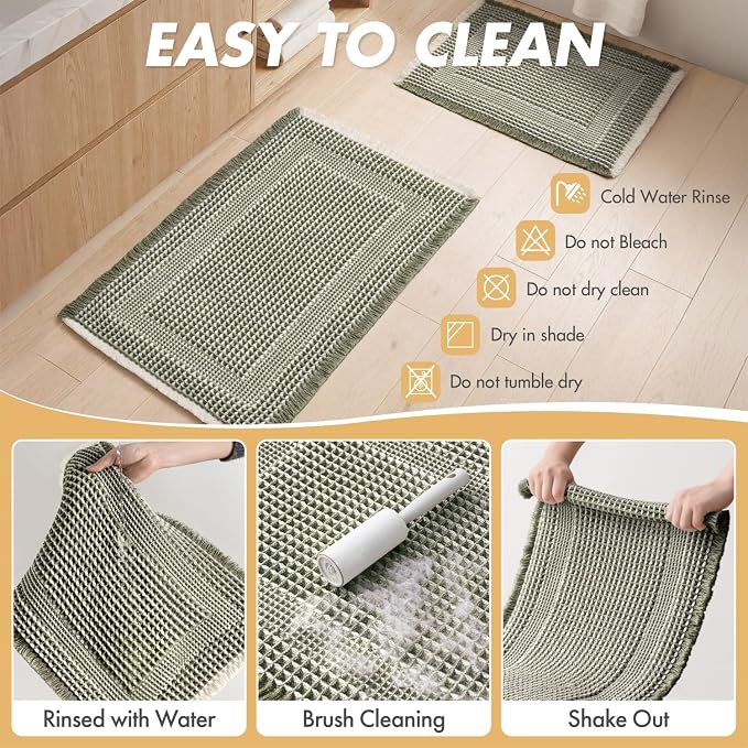 MIULEE Set of 2 Waffle Bathroom Rugs Green&Cream Boho Bath Mat 17x24+18x30 | Looped Design, Super Absorbent, Non Slip, Washable, Ultra Soft, Rubber Backed, Bathroom Mats for Floor Tub Shower