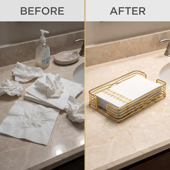 Guest Hand Towel Holder Tray for Bathroom Countertop, Gold Metal | Guest Bathroom, Powder Room & Vanity Use