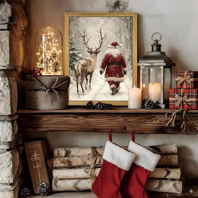 Wood Framed Vintage Christmas Wall Art, Santa Claus Reindeer Canvas Wall Decor Painting, Rustic Winter Painting Artwork Poster Print Picture for Living Room Bedroom Home 12x16 Inch