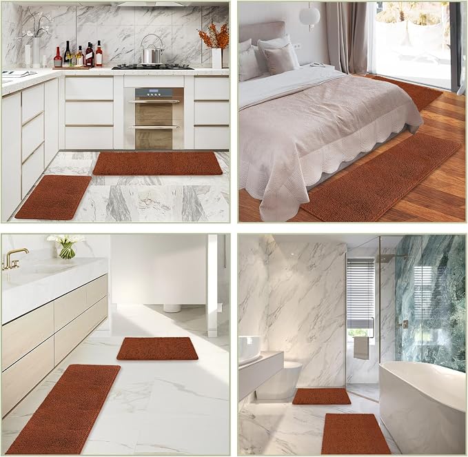 Rust Bathroom Rugs Sets 2 Piece – Absorbent and Washable Bath Mat, Non-Slip, Thick Soft Chenille Bath Rugs for Bathroom Floor, Shower, Sink - 20" x 32"+24" x 36"